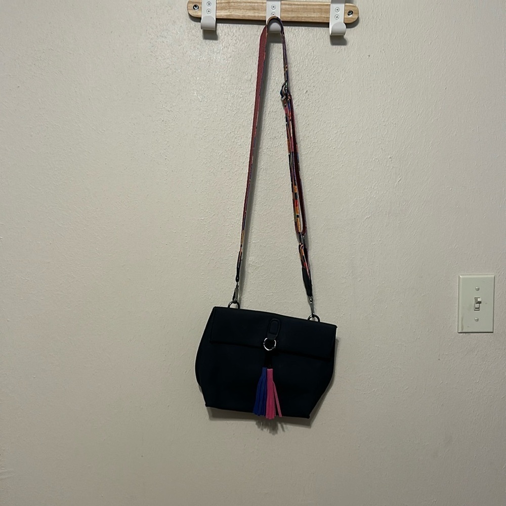 Threaded Pear Tassel Crossbody Bag in Matte Black Adjustable Guitar Strap